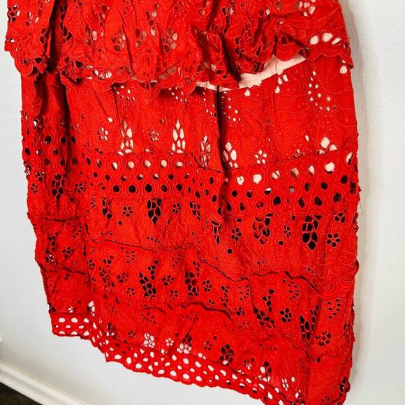 THREE FLOOR Damsel Sweetheart Burnt Orange Overlay Tie Shoulder Eyelet Dress 6 - Picture 9 of 13